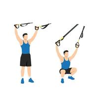 man håller på med trx suspension remmar över huvudet knäböj träning. platt vektor illustration isolerat på vit bakgrund