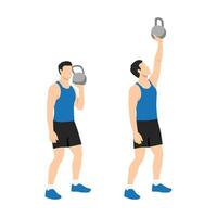 Mann tun einer Arm Schulter Drücken Sie mit Kettlebell Übung. eben Vektor Illustration isoliert auf Weiß Hintergrund