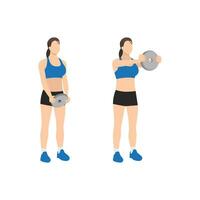 kvinna håller på med stående främre axel tallrik höjer träning. platt vektor illustration isolerat på vit bakgrund. träna karaktär uppsättning
