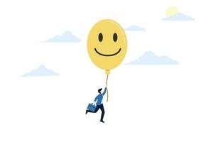 Lycklig humör begrepp. känslor och uttryck. en man är flytande i de himmel och innehav en gul ballong leende. platt vektor illustration på en vit bakgrund.
