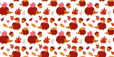 bunt gemütlich Herbst nahtlos Muster. Igel, Apfel, Eichel, Blätter vektor