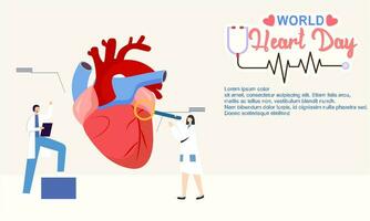 värld hjärta dag affisch kampanj i tecknad serie karaktär behandling och hälsa vård medvetenhet och platt design på 29 september vektor