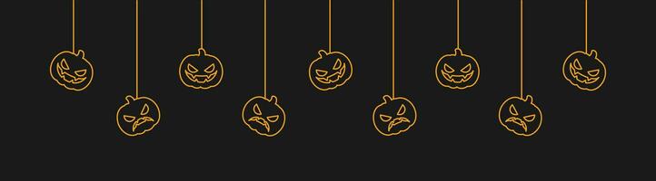 glücklich Halloween Banner oder Rand mit glühend Jack Ö Laterne Kürbisse. hängend gespenstisch Ornamente Dekoration Vektor Illustration, Trick oder behandeln Party Einladung