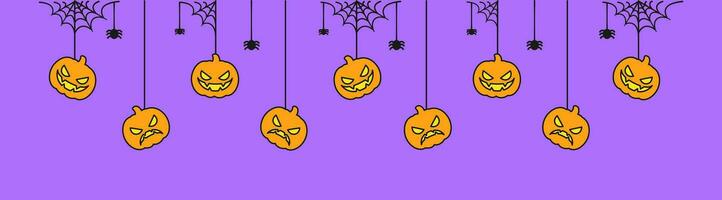 glücklich Halloween Banner oder Rand mit Jack Ö Laterne Kürbisse. hängend gespenstisch Ornamente Dekoration Vektor Illustration, Trick oder behandeln Party Einladung