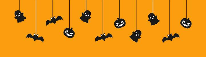 glücklich Halloween Banner oder Rand mit schwarz Fledermäuse, Geist und Jack Ö Laterne Kürbisse. hängend gespenstisch Ornamente Dekoration Vektor Illustration, Trick oder behandeln Party Einladung