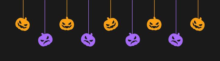 glücklich Halloween Banner oder Rand mit Jack Ö Laterne Kürbisse Silhouette. hängend gespenstisch Ornamente Dekoration Vektor Illustration, Trick oder behandeln Party Einladung