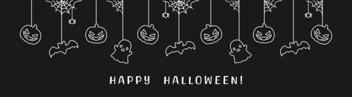 glücklich Halloween Banner oder Rand mit Fledermäuse, Spinne Netz, Geist und Jack Ö Laterne Kürbisse Gliederung Gekritzel. hängend gespenstisch Ornamente Dekoration Vektor Illustration, Trick oder behandeln Party Einladung