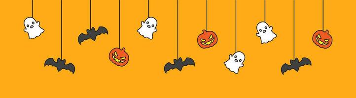 glücklich Halloween Banner oder Rand mit Fledermäuse, Geist und Jack Ö Laterne Kürbisse. hängend gespenstisch Ornamente Dekoration Vektor Illustration, Trick oder behandeln Party Einladung