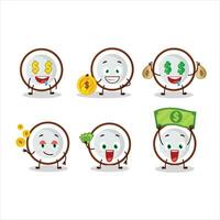 Scheibe von Kokosnuss Karikatur Charakter mit süß Emoticon bringen Geld vektor