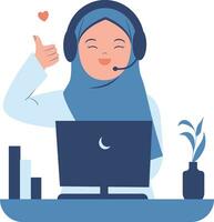 muslim kvinna i hijab arbetssätt på bärbar dator dator och som visar tummen upp. platt vektor illustration.