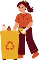 Freiwillige Frau mit Müll Behälter. weiblich Freiwillige Sortierung Müll. Vektor Illustration im Karikatur Stil
