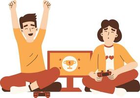 glücklich Mann und Frau Sitzung auf das Fußboden und spielen Video Spiele. Vektor Illustration