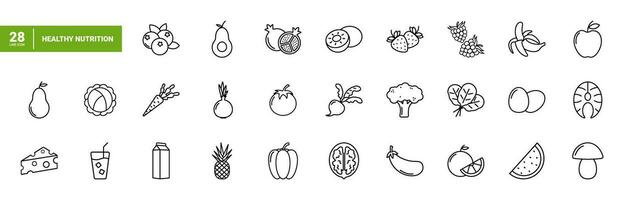 uppsättning av enkel linjär svart ikoner friska mat och rätt näring. samling av ikoner med grönsaker, frukter, och rätt mat för webb, app, och skriva ut. vektor