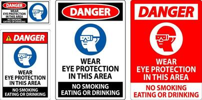 Achtung Zeichen tragen Auge Schutz im diese Bereich, Nein Rauchen Essen oder Trinken vektor