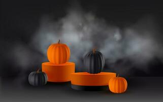 festlig halloween bakgrund dekorerad med färgrik pumpor med podium.minimal realistisk 3d design skede piedestal. vektor