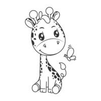 süß Giraffe Sitzung mit Schmetterling im Karikatur Stil zum Färbung vektor