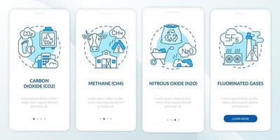 Haupt-Treibhausgas-Onboarding-Seitenbildschirm der mobilen App mit Konzepten. Kohlendioxid, ch4 Komplettlösung 4 Schritte grafische Anweisungen. ui, ux, gui-Vektorvorlage mit linearen Farbillustrationen vektor