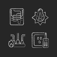 Elektrikerservice Kreide weiße Symbole auf dunklem Hintergrund. Leistungsschalterfeld. explodierende Glühbirne. Steckdose reparieren. Stromversorgungssystem. isolierte vektortafelillustrationen auf schwarz vektor