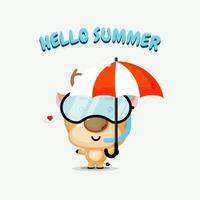 süßes Reh-Maskottchen mit Regenschirm mit Sommergrüßen vektor