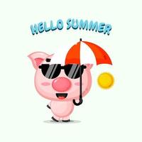 süßes Schwein Maskottchen mit Regenschirm mit Sommergrüßen vektor