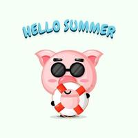 süßes Schweinchen trägt einen Wagen mit Sommergrüßen vektor