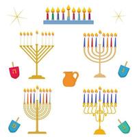 olika typer av Hanukkah-festival av ljus traditionell gyllene menorakandelaber med färgglada ljusvektoruppsättning vektor
