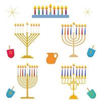 verschiedene Arten von Chanukka-Festival des Lichts traditioneller goldener Menorah-Kerzenleuchter mit bunten Kerzen-Vektor-Set vektor