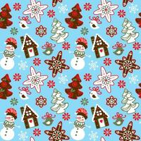 Illustration ein Lebkuchen Haus, Weihnachten Kekse, Schneeflocke, Schneemann, Weihnachten Baum auf Blau Hintergrund. Weihnachten nahtlos Muster zum Stoff, Hintergrund, Kleidung. vektor