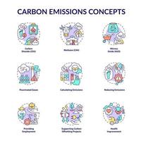 Symbole für das Konzept der CO2-Emissionen festgelegt. klimawandelidee dünne linie farbillustrationen. Emissionsberechnung und -reduzierung. Kohlendioxid. Vektor isolierte Umrisszeichnungen. bearbeitbarer Strich