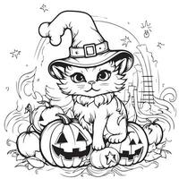 halloween katt färg sida med pumkin vektor