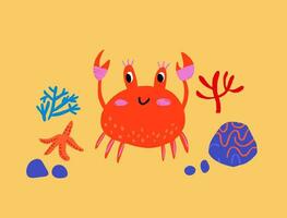 süß Kinder Illustration von das Krabbe auf das Sand. Krabbe Charakter im Hand gezeichnet Stil. Strand Kinder Illustration mit Krabbe, Meer Stern, Felsen, Korallen auf Orange Hintergrund. vektor