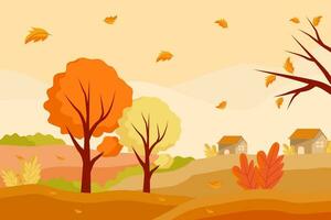 vektor höst bakgrund illustration i platt design med träd, löv och hus