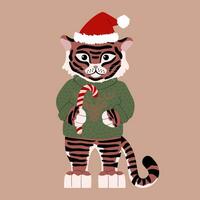 gezeichnet süß Tiger im ein Sweatshirt mit ein Hirsch und ein Weihnachten Hut halten ein Lutscher im seine Pfoten. eben Illustration im modern Stil. Jahr von das Tiger. Kinder- Stil. zum Weihnachten Karten, Plakate vektor