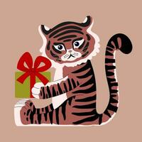 dragen söt tiger med en gåva i dess tassar. vektor platt illustration i modern stil. år av de tiger 2022. barns stil. för jul kort, affischer, magneter.