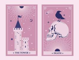 das Turm und Tod Tarot Karte Illustration Vermögen erzählen Okkulte Mystiker esoterisch. himmlisch Tarot Karten sind Basic Hexe Tarot umgeben durch Sterne. vektor