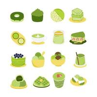 matcha desserter illustration. härlig matcha grön pulver tebaserad recept desserter platt design illustration med kakor, småkakor, kex, och Övrig sötsaker. vektor