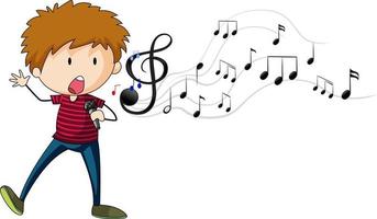 Gekritzelzeichentrickfigur eines Sängerjungen, der mit musikalischen Melodiesymbolen singt vektor