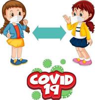 Covid-19-Schriftart im Cartoon-Stil mit zwei Kindern, die soziale Distanz halten, isoliert auf weißem Hintergrund vektor