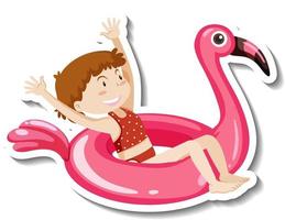 eine Aufklebervorlage eines Mädchens mit Flamingo-Schwimmring vektor