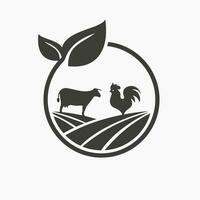 lantbruk logotyp design begrepp med ko och tupp ikon. jordbruk logotyp symbol mall vektor