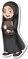 eine Aufklebervorlage mit einem muslimischen Mädchen mit schwarzem Hijab und Kostüm vektor
