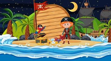 Piratenkinder an der Strandnachtszene mit einer leeren hölzernen Fahnenschablone vektor