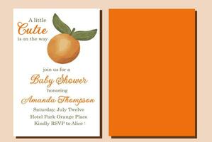 liten sötnos citrus- tema orange bebis dusch inbjudan med frukt för sommar fest. använda sig av den också för banderoller, tacka du kort, posters och Övrig dekor för din firande vektor