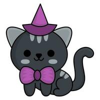 Vektor kawaii Sitzung schwarz Katze mit lila Bogen. süß lächelnd Halloween Charakter zum Kinder. komisch Herbst alle Heilige Tag Karikatur Tier Illustration. Samhain Party Kätzchen Symbol zum Kinder