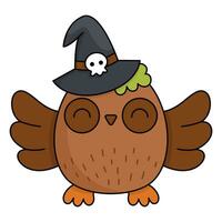 Vektor kawaii Eule im Hexe Hut. süß lächelnd Halloween Charakter zum Kinder. komisch Herbst alle Heilige Tag Karikatur Vogel mit Verbreitung Flügel Illustration. Samhain Party Symbol zum Kinder