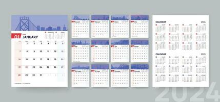 Vertikale monatlich Kalender Vorlage zum 2024 Jahr, korporativ Vorlagen Design mit Raum zum Bild, Vektor Kalender Vorlage