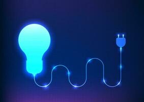 Technologie Hintergrund Vektor Illustration im dunkel Blau Töne, ein Licht Birne mit ein glühend Stecker. das Konzept von mit Technologie zu Hilfe finden Neu Ideen und lösen Probleme.