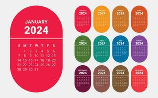 färgrik kalender 2024 12 läsplatta bit kalender 12 månad kort kapsel mall design vektor