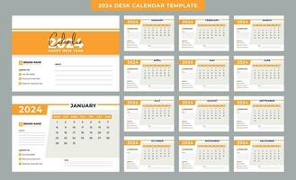 skrivbord kalender 2024 mall. 12 månader ingår. redigerbar 2024 kalender design. vektor design