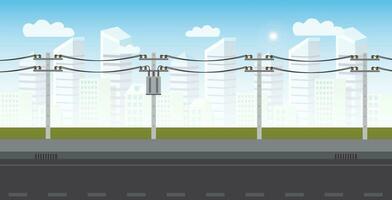 Weiß Banner von elektrisch Leistung Übertragung, hoch Stromspannung Leistung Linien liefert Elektrizität zu das Stadt, Vektor Illustration eps 10.